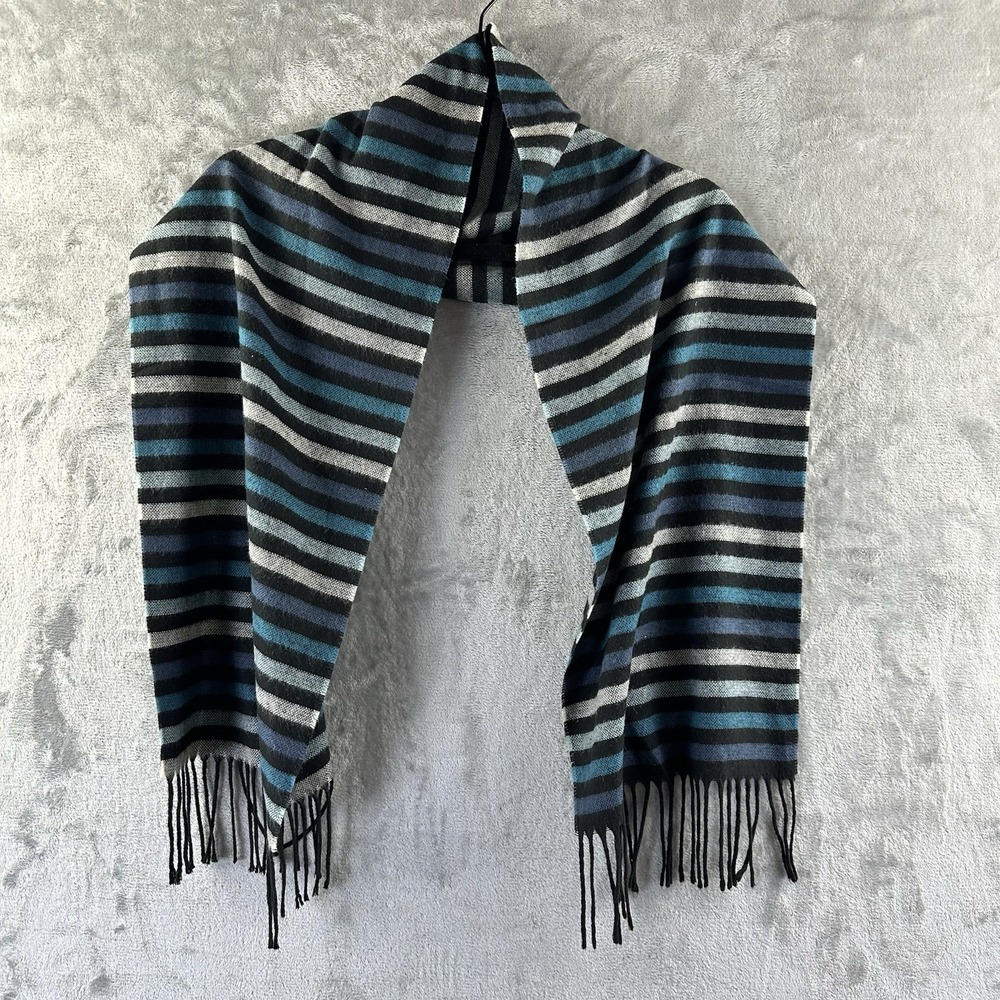 Rectangular Scarf Multicolored Stripes Turquoise Blue Black Gray Fringe